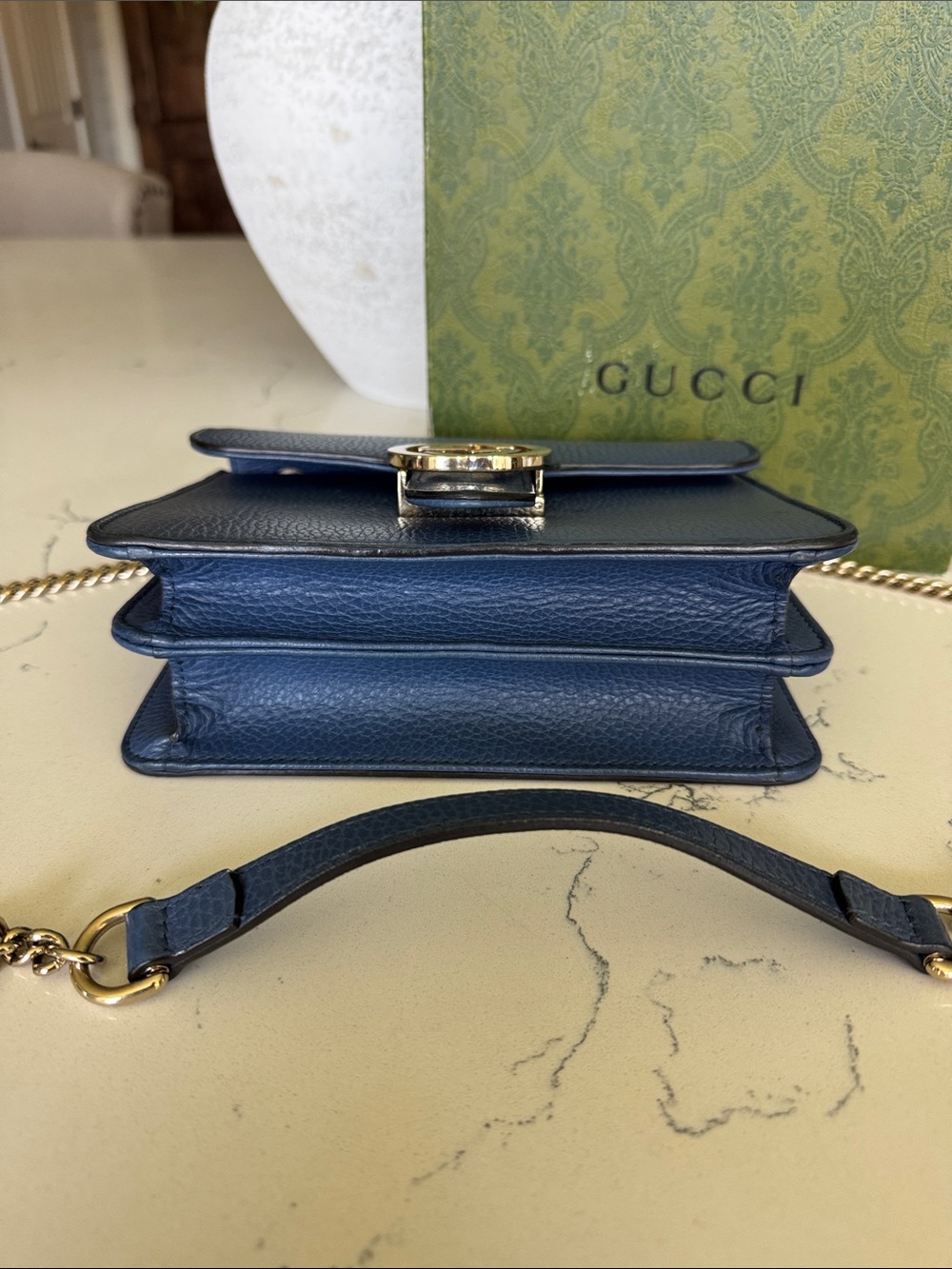 Gucci Navy Blue Pebbled Leather Crossbody with Gold GG Emblem - Picture 10 of 14